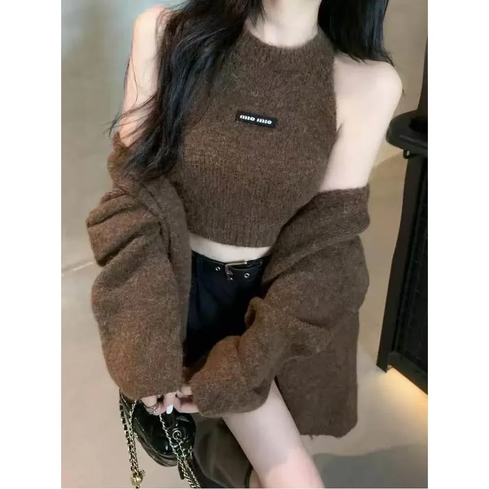 高级感慵懒风辣妹中长款毛衣外套女秋冬美拉德软糯背心上衣两件套