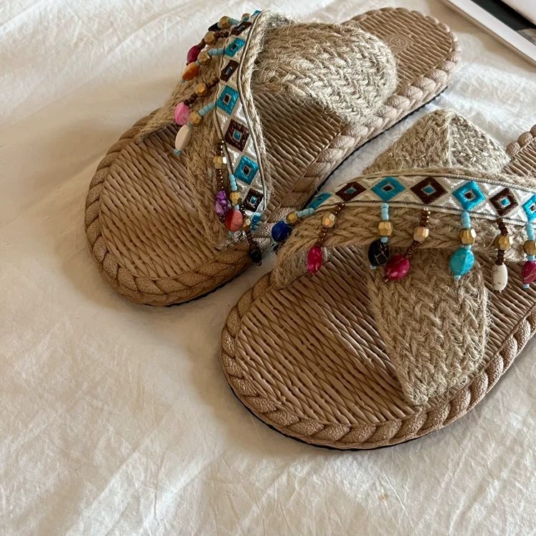 复古手工编织民族风拖鞋女外穿2025新款小众设计感流苏凉拖鞋女