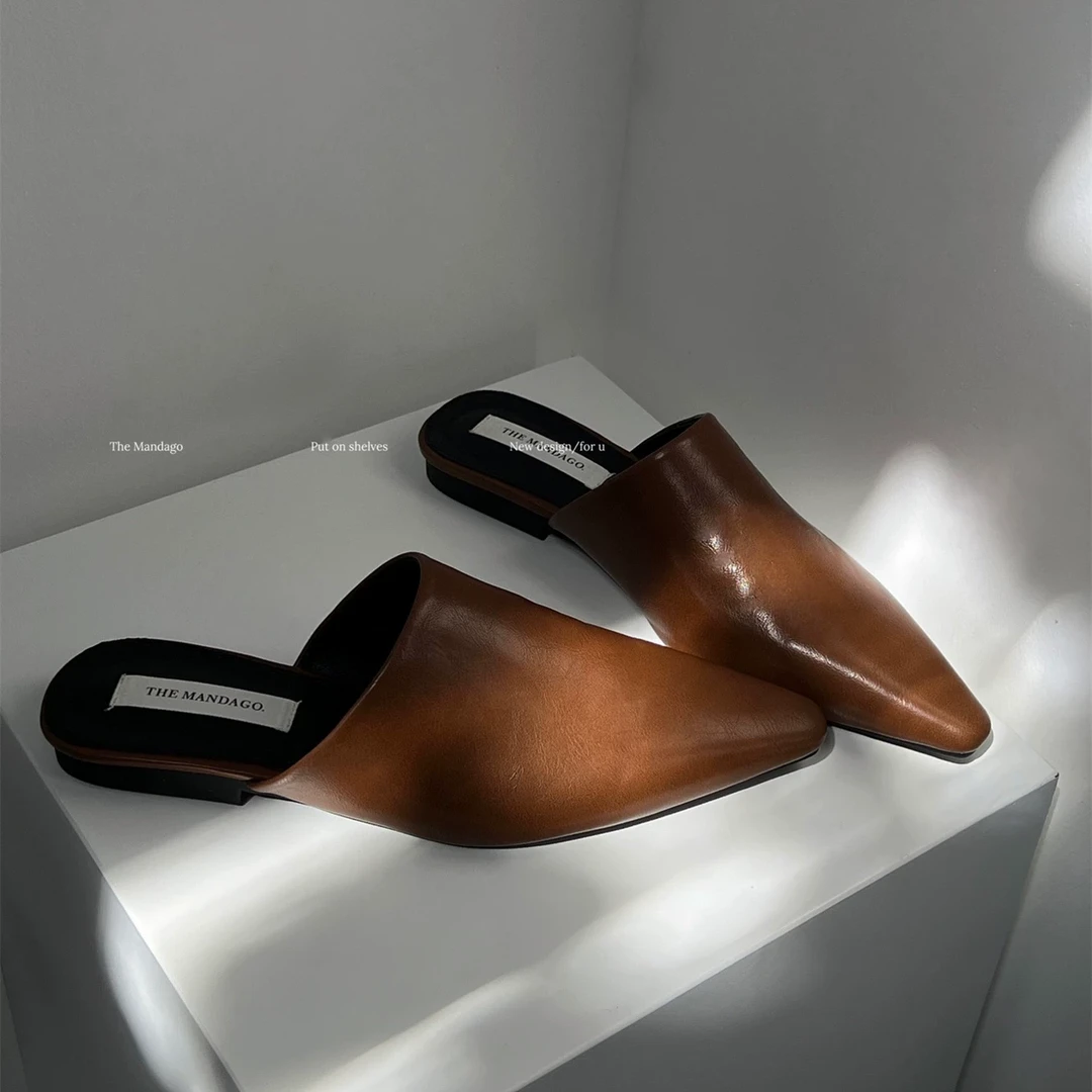 MUMU高级感简约气质尖头平底包头半拖鞋复古时髦百搭软皮穆勒鞋女