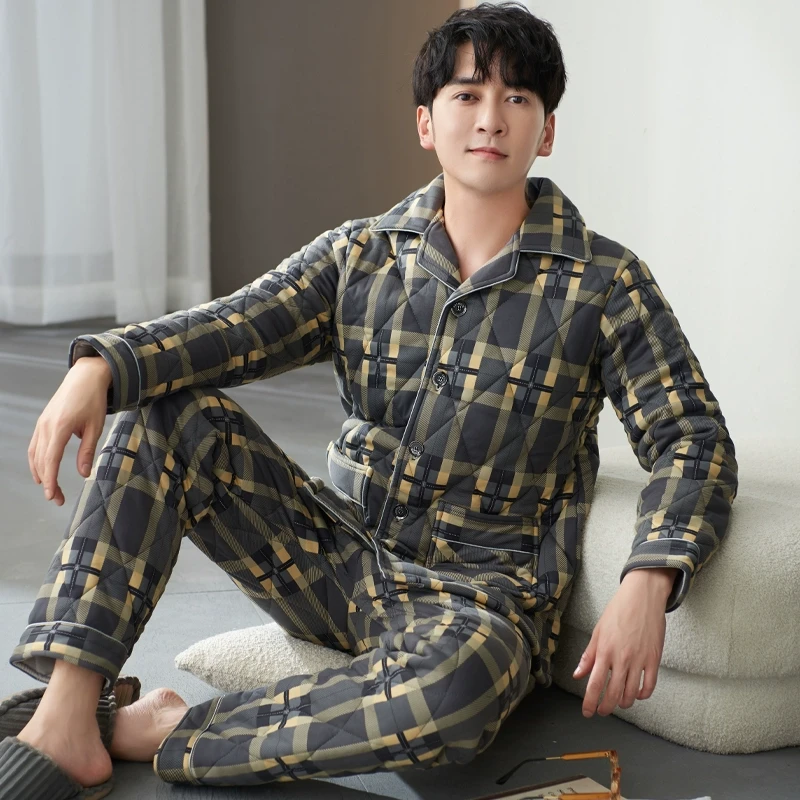 秋冬季睡衣男冬三层加厚纯棉夹棉保暖棉袄格子全棉家居服套装冬天
