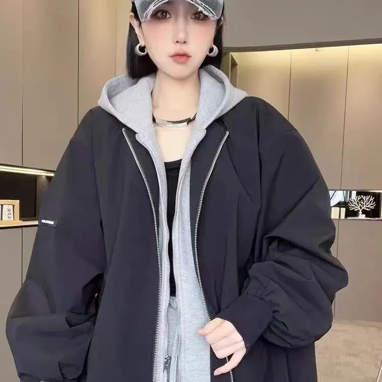 2025春季新款拼接连帽假两件棒球服外套 休闲宽松百搭潮流外套女
