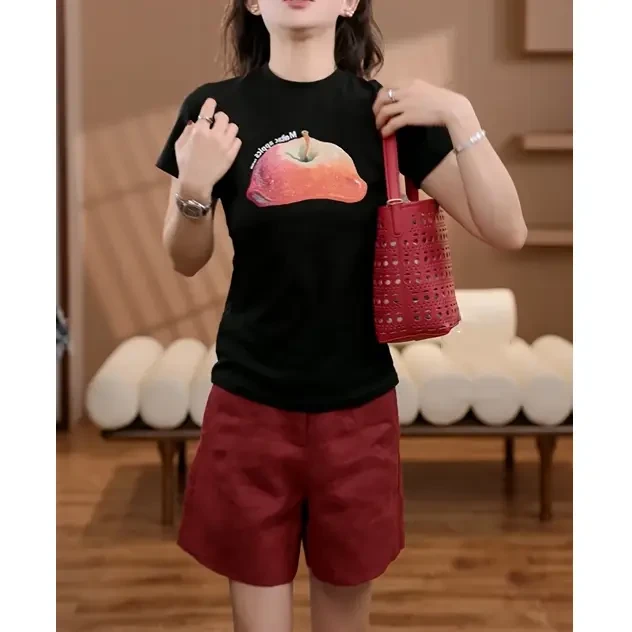 2025夏季新款美式蓝色印花正肩短袖恤辣妹修身显瘦短款设计上衣