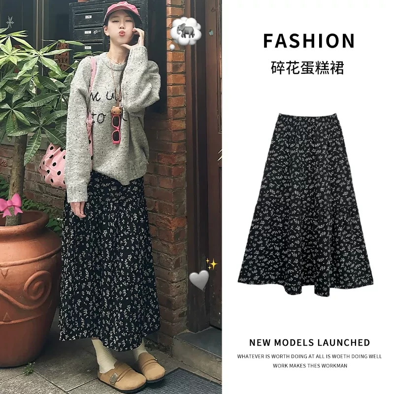 复古黑色碎花半身裙女秋冬韩系冬天显瘦小个子a字长裙子温柔韩系