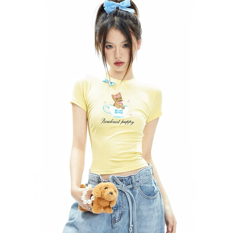 【李金铭清清福利】APEA正肩短袖T恤芭蕾风甜心蝴蝶结紧身短款上衣