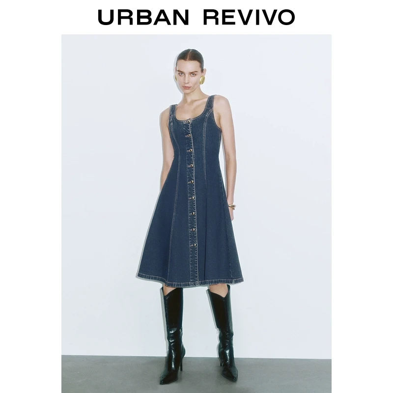 UR女装复古休闲金属扣U型领牛仔连衣裙UWM840103
