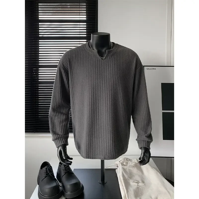 美式复古V领肌理感长袖T恤男设计感小众重磅卫衣cleanfit潮牌上衣