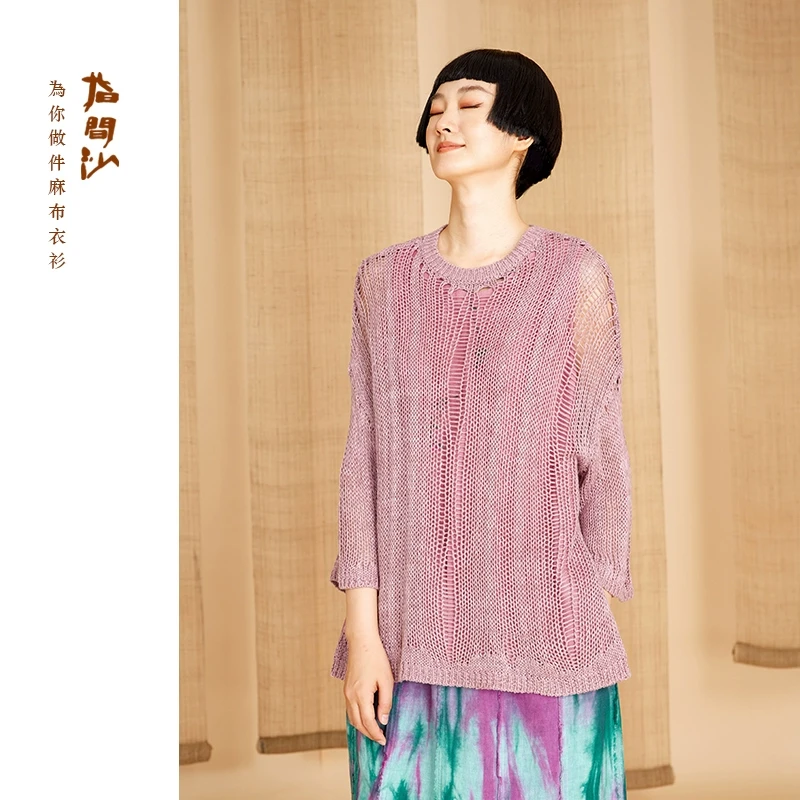 指间沙2511002原创女装25春圆领落肩针织镂空中上衣针织套头