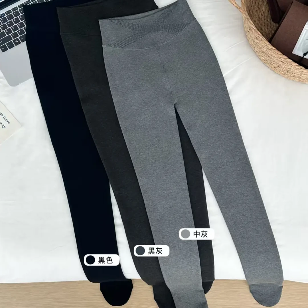 厚黑美学秋冬加绒加厚高腰收腹打底裤百搭舒适细条纹显瘦无痕长裤