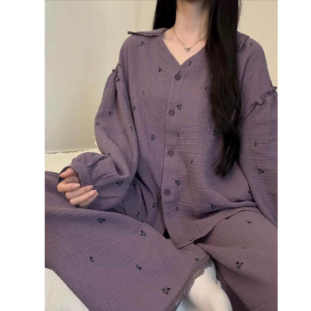 韩系紫色甜美碎花开衫睡衣女款秋季休闲长袖长裤可外穿家居服套装