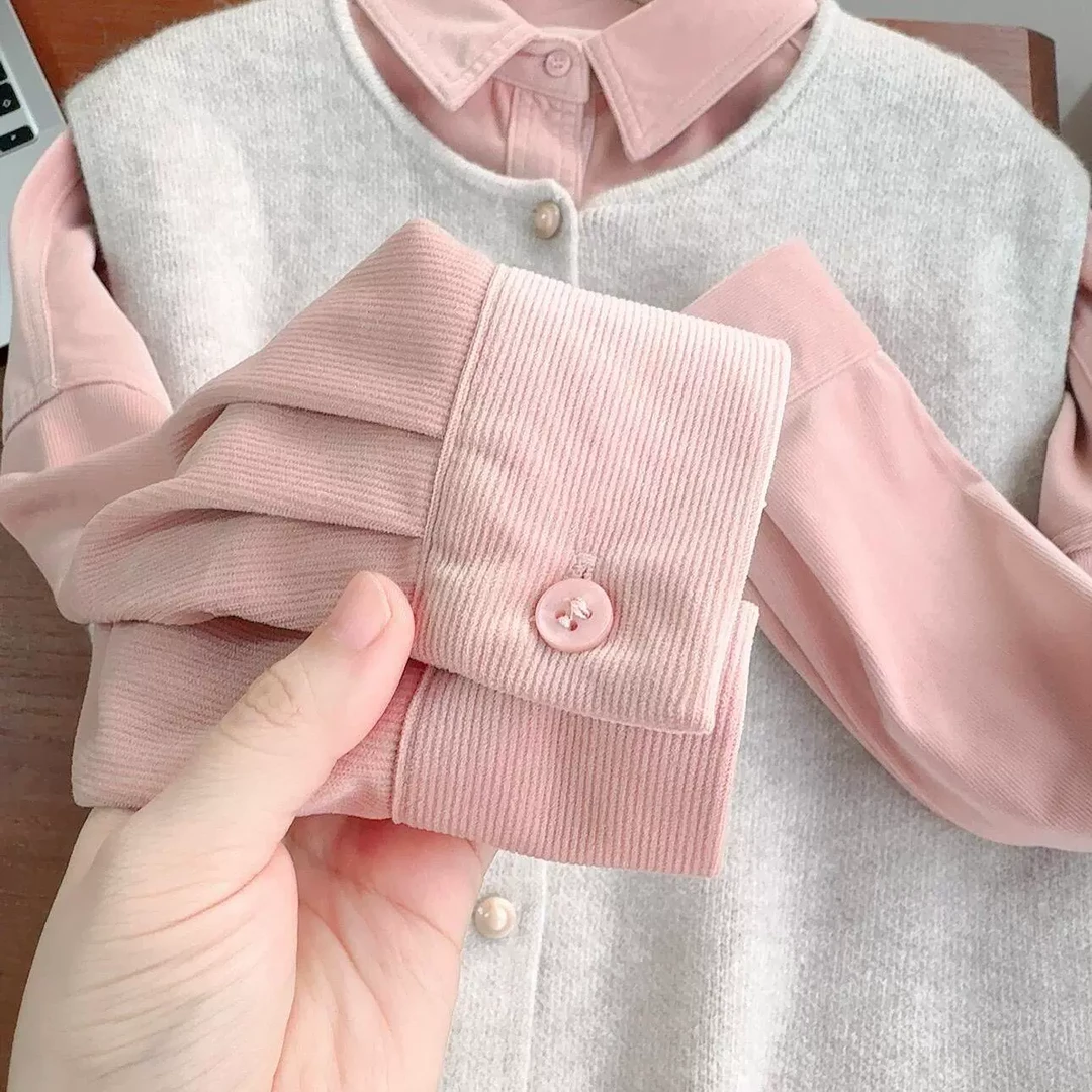 韩系漂亮粉色翻领衬衫女2025早春新款气质坎肩马甲叠穿两件套ins