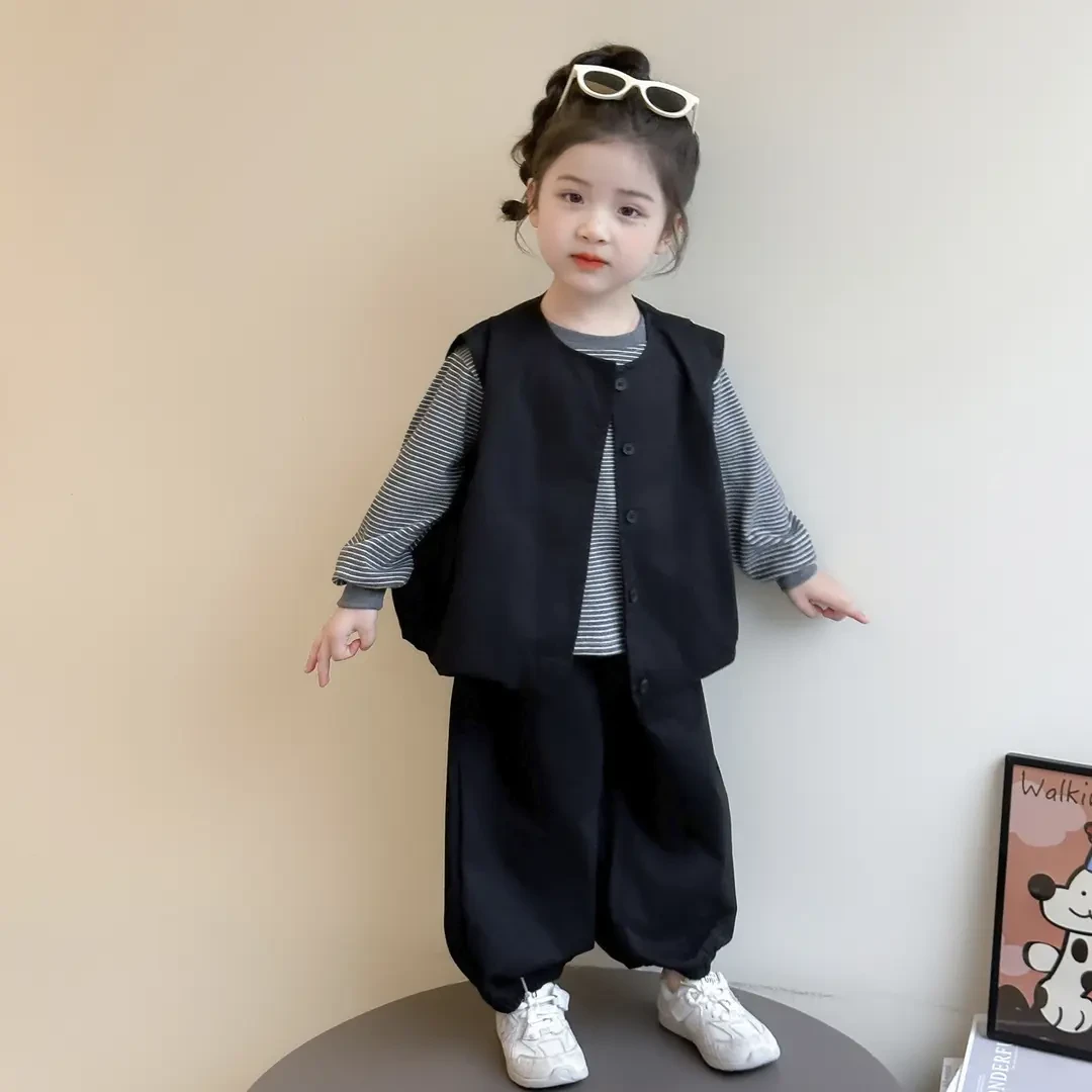 女童套装秋装2025新款洋气儿童条纹打底衫炸街女孩秋季马三件套