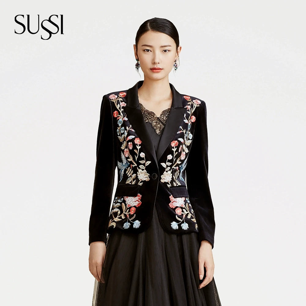 SUSSI/古色秋季新品商场同款黑色翻领刺绣西装外套女