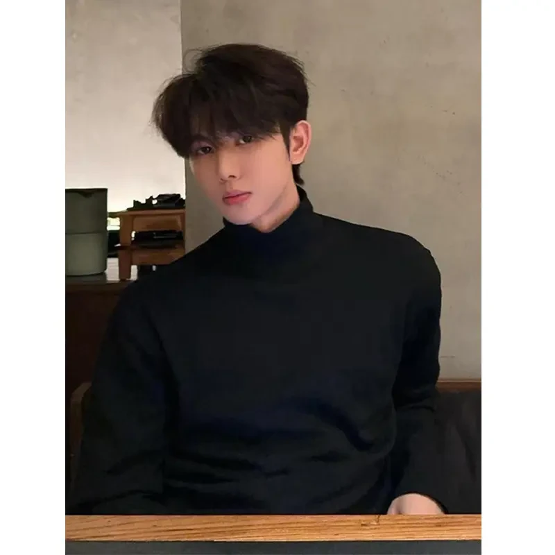 黑色半高领德绒打底衫男款秋冬cleanfit长袖t恤保暖加绒内搭卫衣