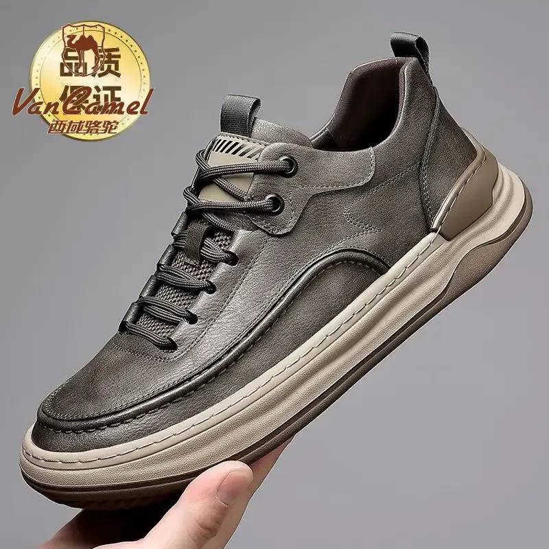 西域骆驼男鞋2025新款潮流百搭真皮软底时尚低帮一脚蹬休闲板鞋