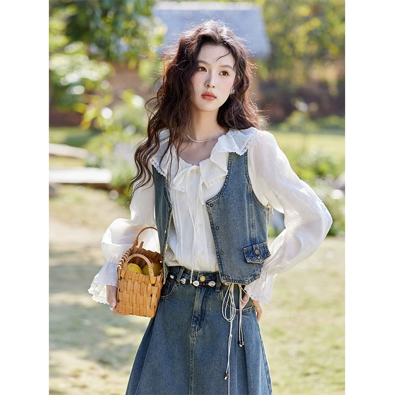 谜秀新品牛仔马甲半裙套装春韩系复古水洗棉显瘦A字裙两件套春秋