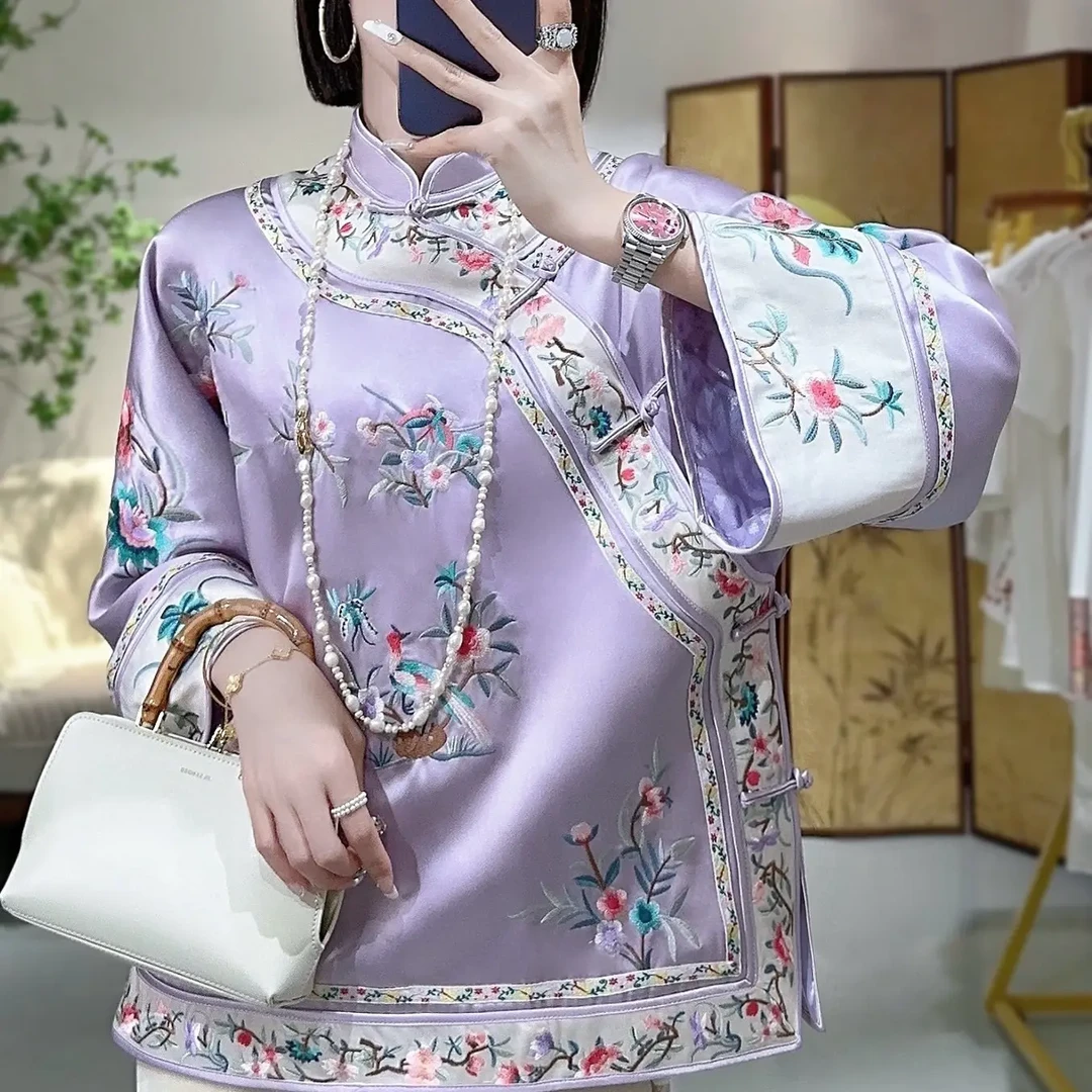 国风重工复古斜襟立领醋酸刺绣女士外套太太服