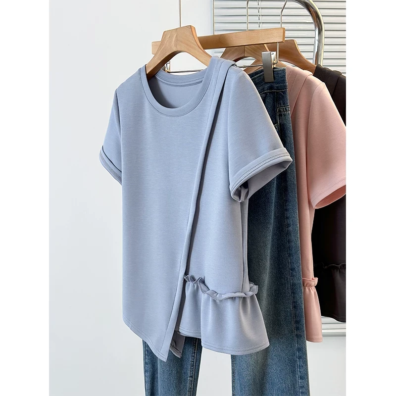 大码蓝色不规则正肩短袖t恤女夏季胖mm宽松遮肚子设计感拼接上衣