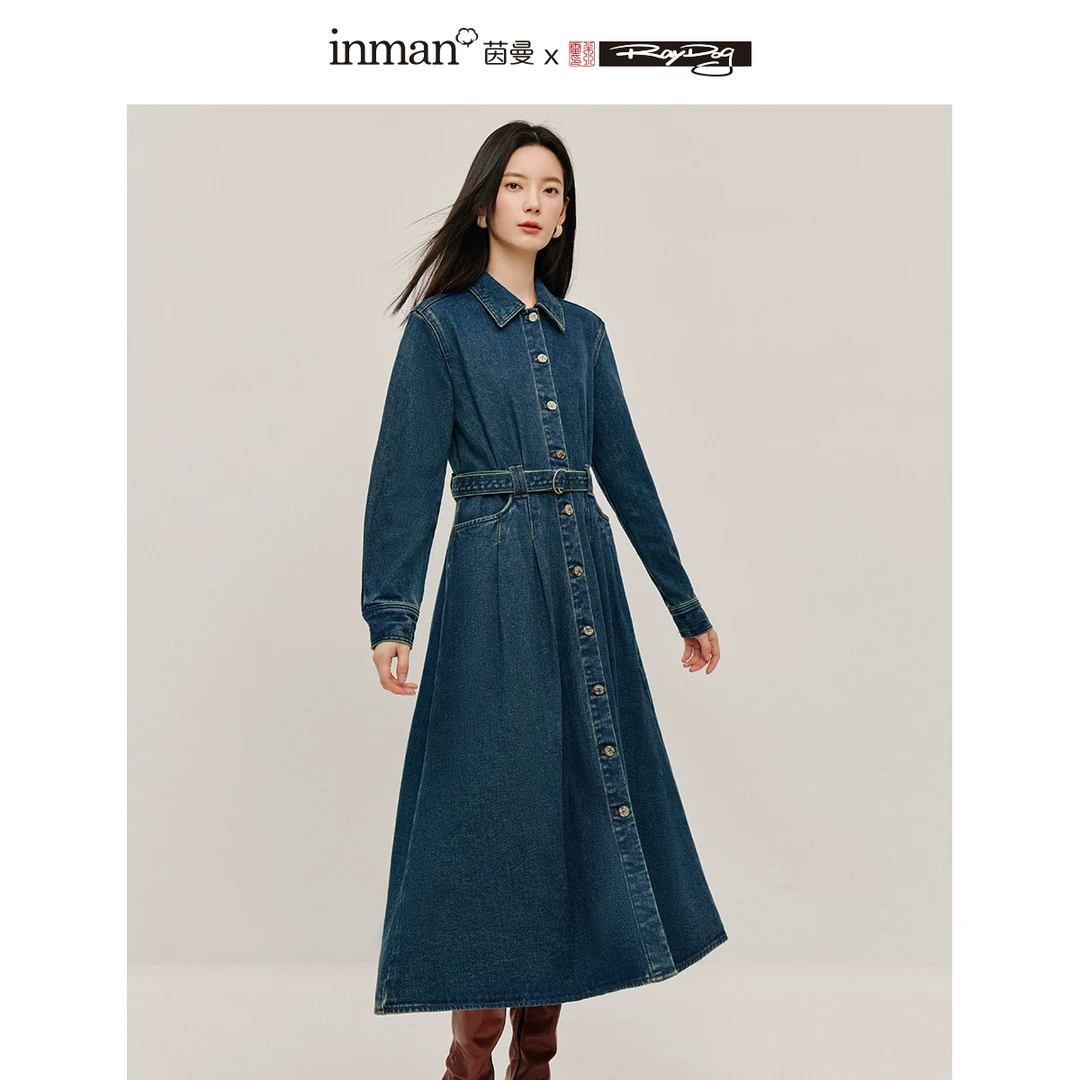 【茵曼女装】茵曼x米雷联名牛仔连衣裙翻领长裙18446179