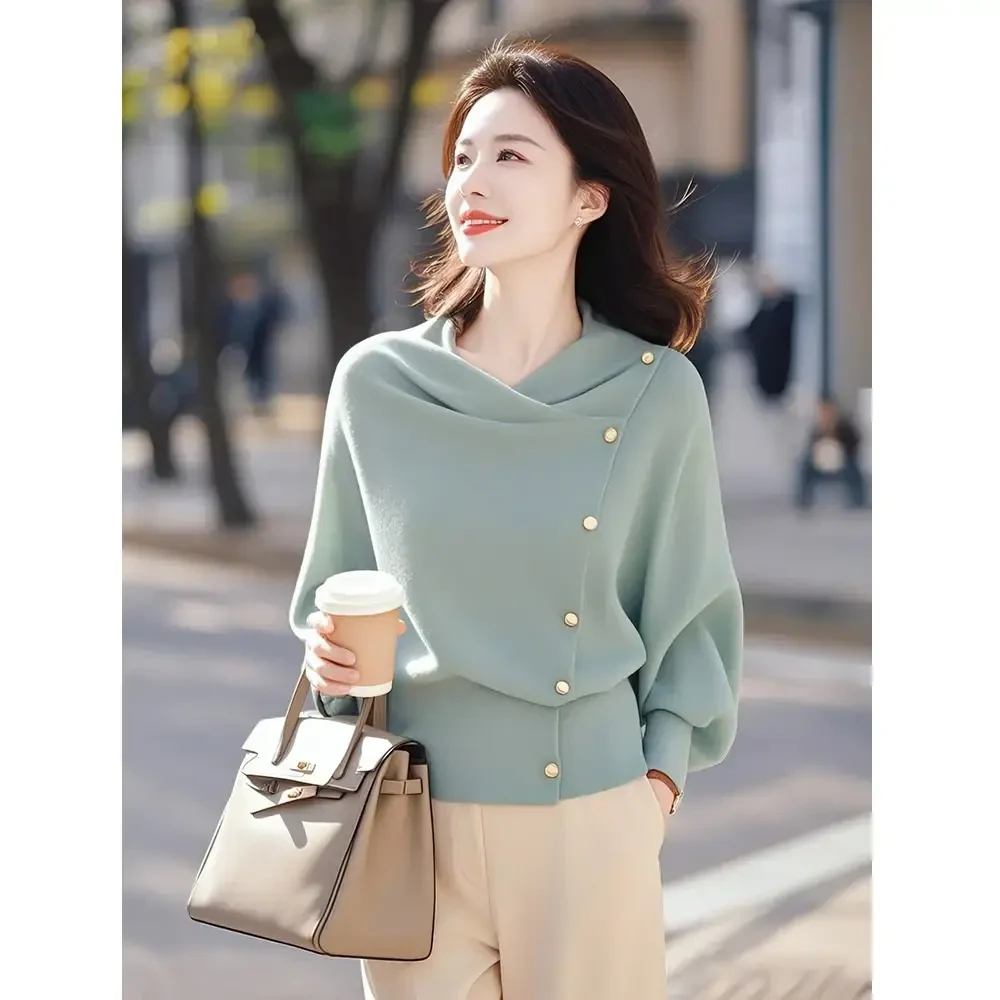 2025春装新款小众不撞款韩系设计感洋气独特别致绿色针织衫上衣女