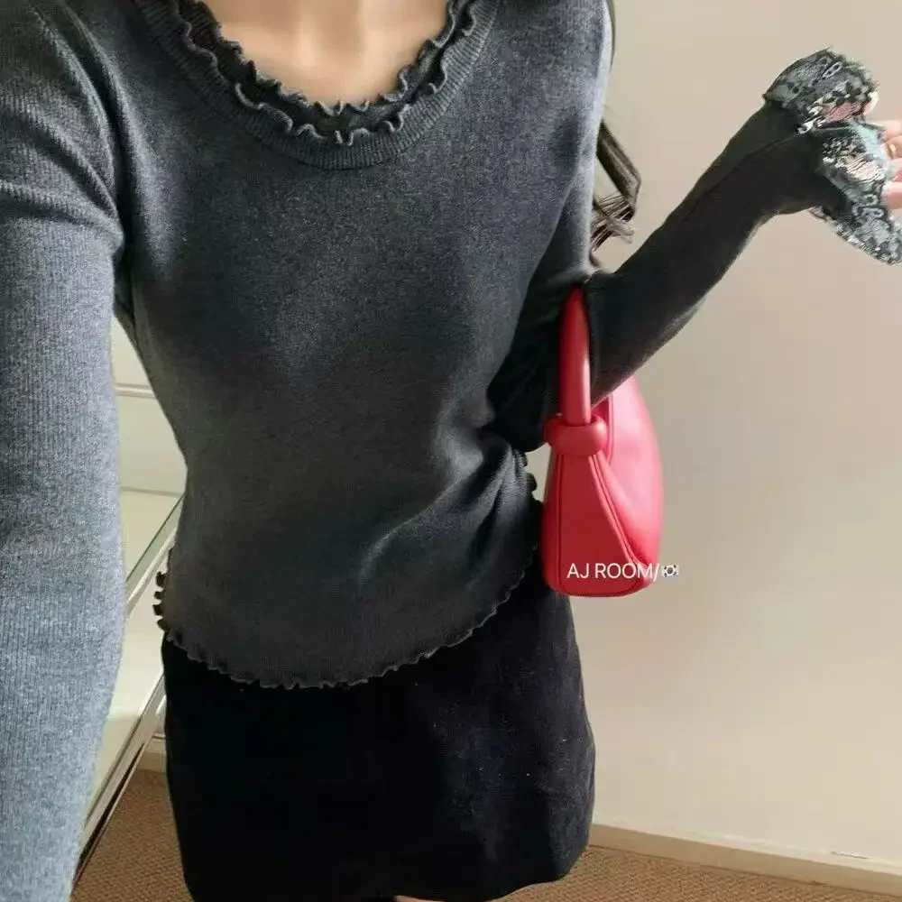 莲儿家.蕾丝打底衫拼接韩版通勤修身显瘦针织衫上衣女