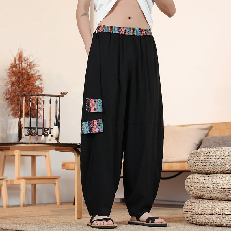 中国风飘带民族风印花休闲裤大码胖子阔腿灯笼裤宽松垂感运动长裤