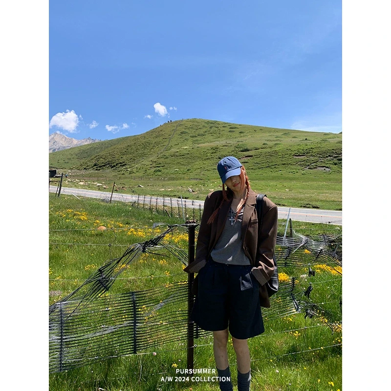 【清清！朴夏Pursummer】拼接格纹巧克力棕西装美拉德外套A24279PR43