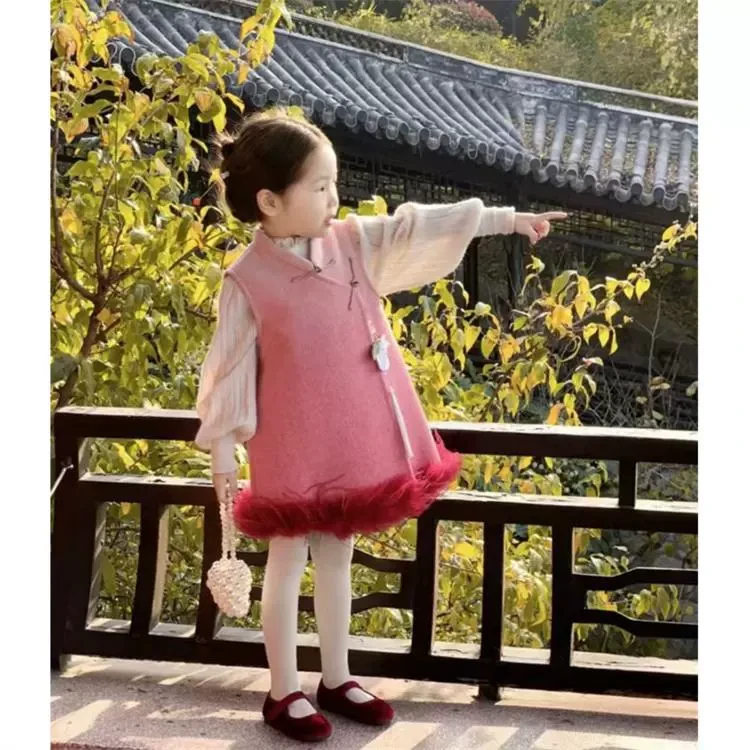 冬季女童渐变色羽毛拼接马甲背心裙儿童新中式国风旗袍裙