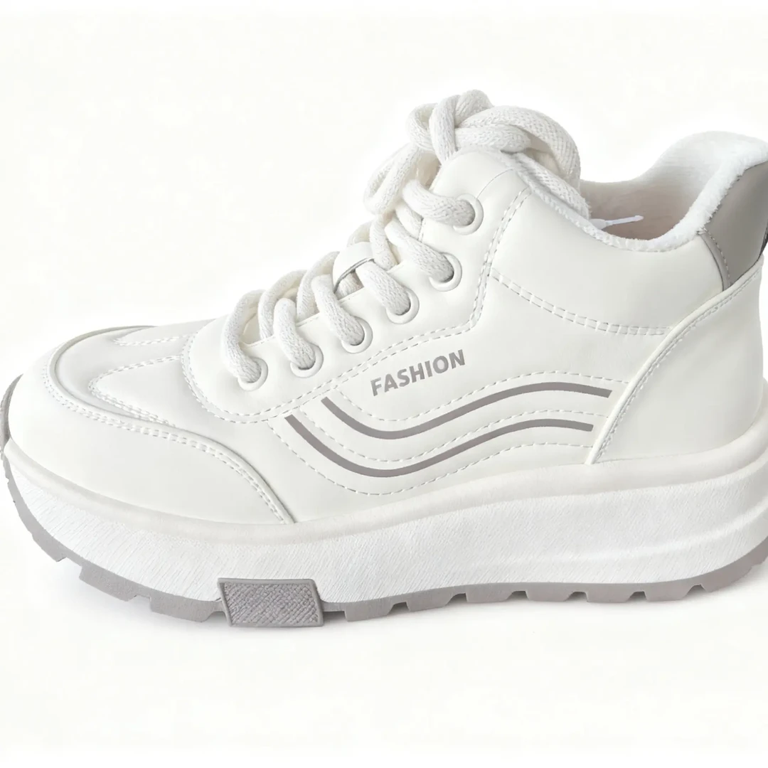 女冬超纤帮面保暖圆头加绒高帮休闲鞋加厚白色百搭754708运动厚底