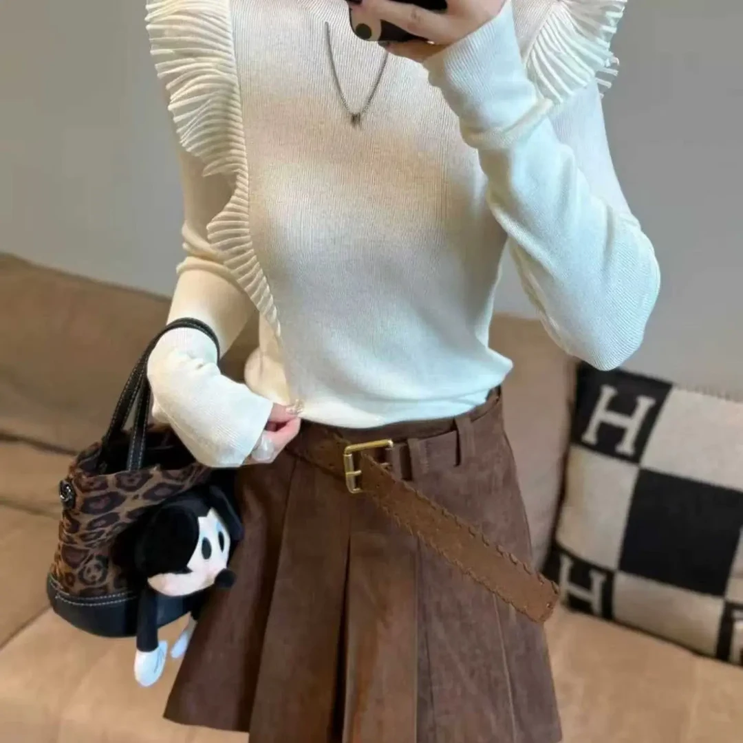 怡歌羊毛衫女荷叶领针织毛针织衫网红衫套头时尚