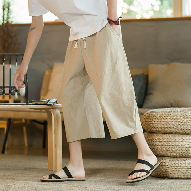 卡其色亚麻七分裤男夏季薄款中风过膝短裤大码宽松复古六分马裤