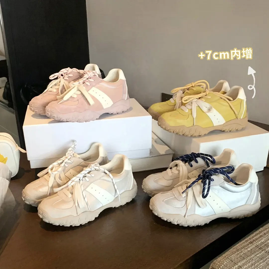 葡萄妈studiolee 7cm内增高~隐形拉腿拼接圆头系带休闲德训鞋