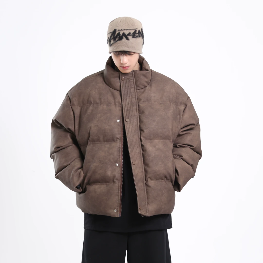 脏脏扎染短款pu皮棉服男2024冬季新款加厚棉衣外套保暖宽松棉袄子