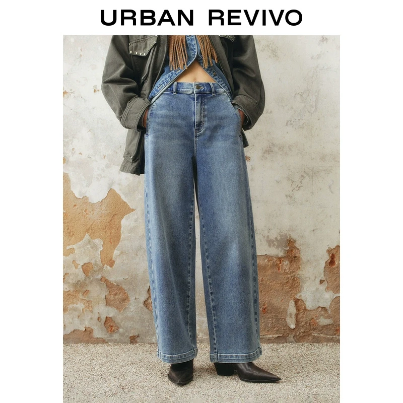 UR2025春季新款女装欧若风复古休闲水洗高腰牛仔长裤UWM850020