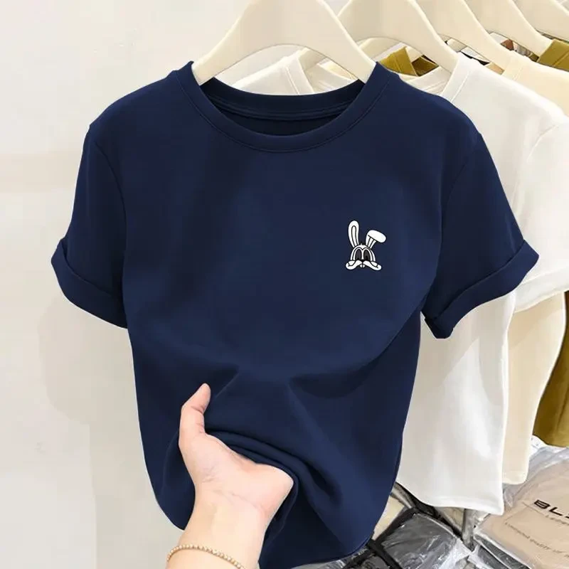 小众藏青色正肩圆领短袖t恤女装时尚百搭洋气减龄高级设计感上衣