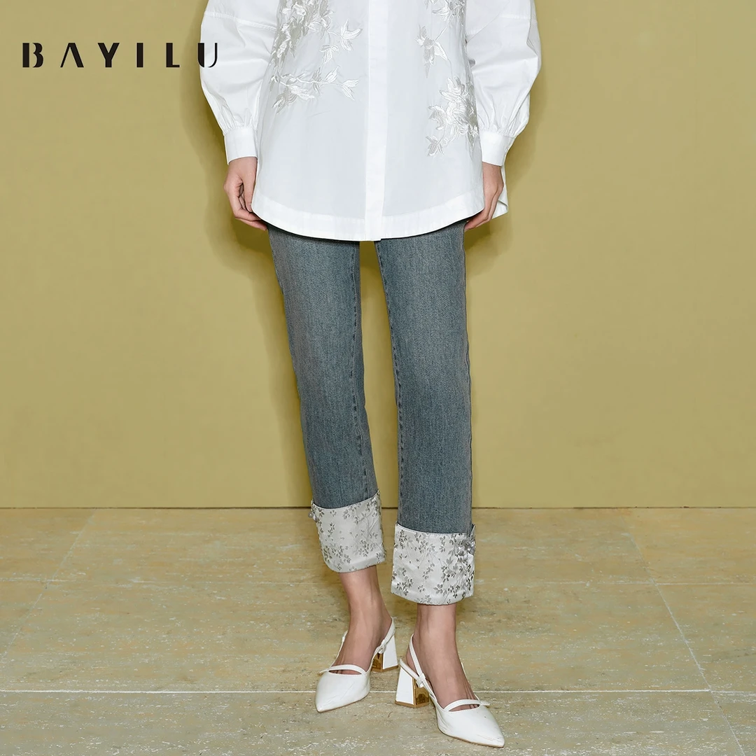 【今喜】芭依璐2025春季牛仔裤女新中式高腰直筒裤九分裤91K2024