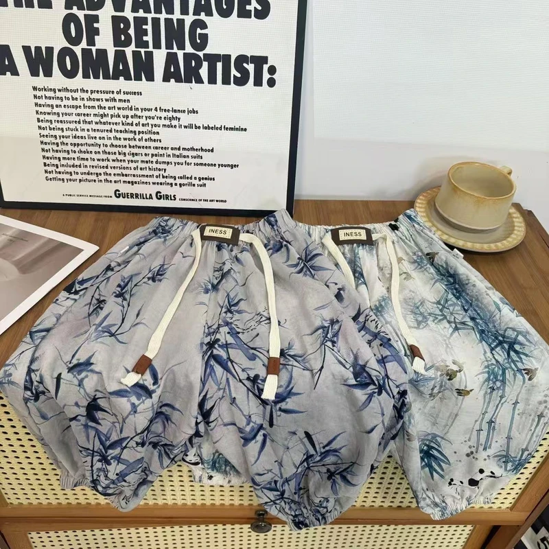 【绵绸人造棉】夏季新款男女童熊猫抱竹薄款灯笼束脚裤