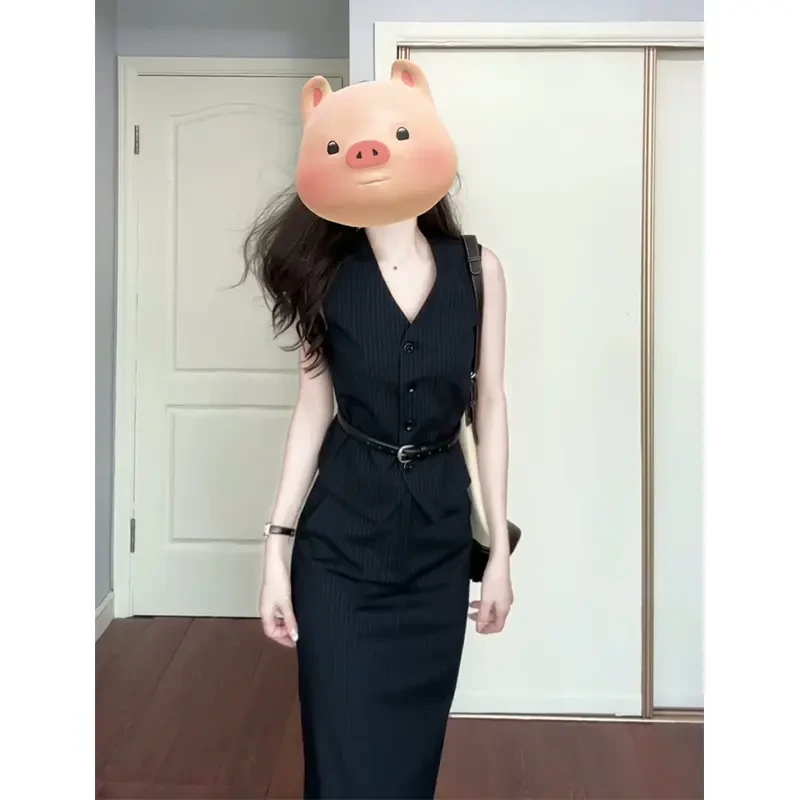 法式条纹无袖V领马甲上衣2025夏季财阀千金女装高腰显瘦半身裙