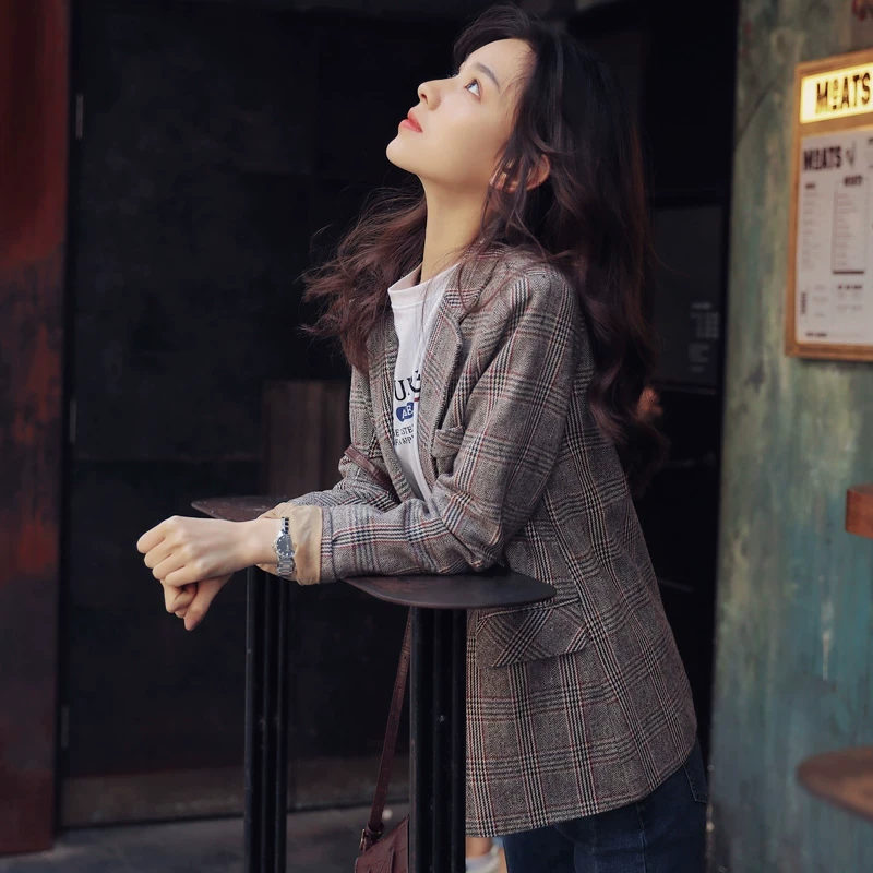 格子西装外套女秋冬2025新款韩版简约复古休闲英伦风气质西服上衣