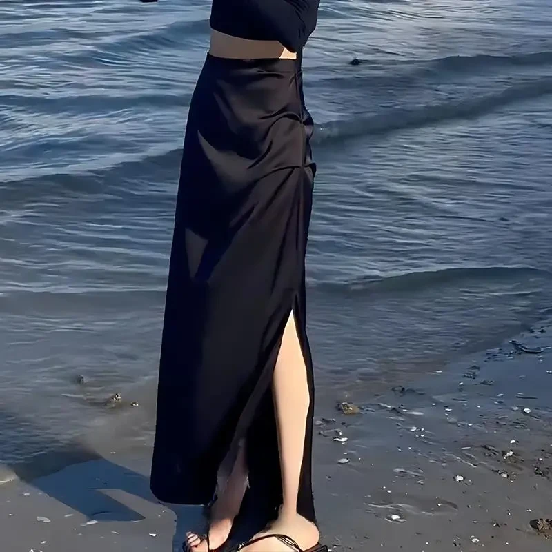 韩版气质黑色高腰开叉半身裙女2025春夏新款显瘦百搭垂感中长裙子