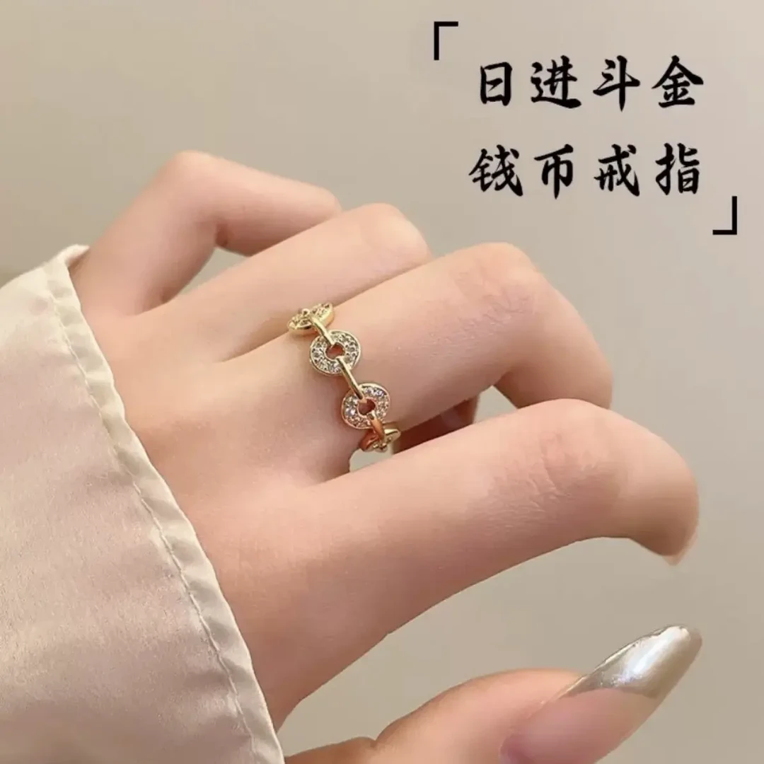 钨金戒指 金色原创设计戒指镶钻金戒可调节气质