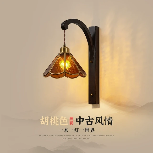 中古风花朵卧室壁灯法式实木复古怀旧床头灯黄铜装饰氛围背景墙灯