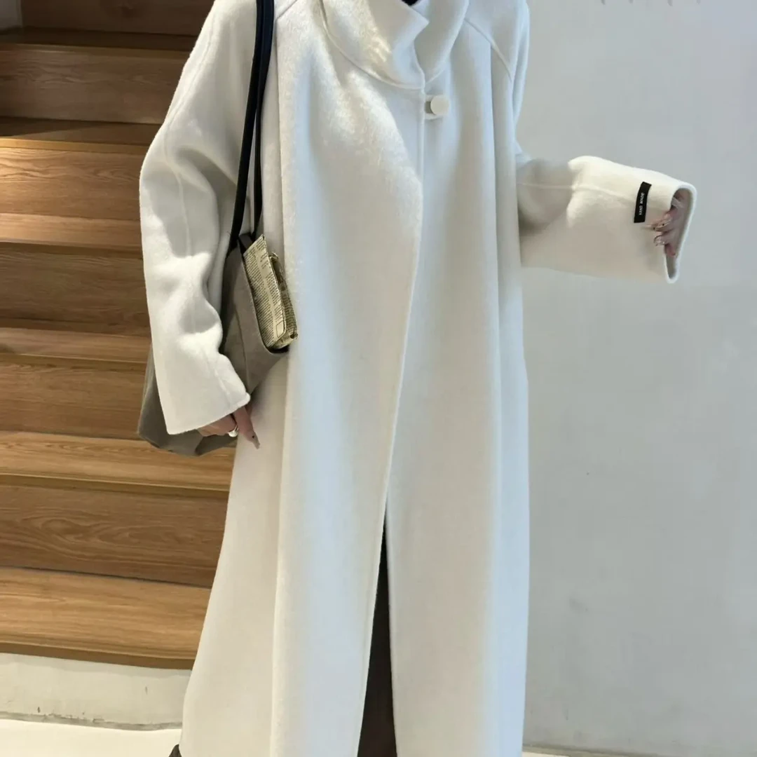 米白色韩系宽松中长款秋冬气质双面大衣女