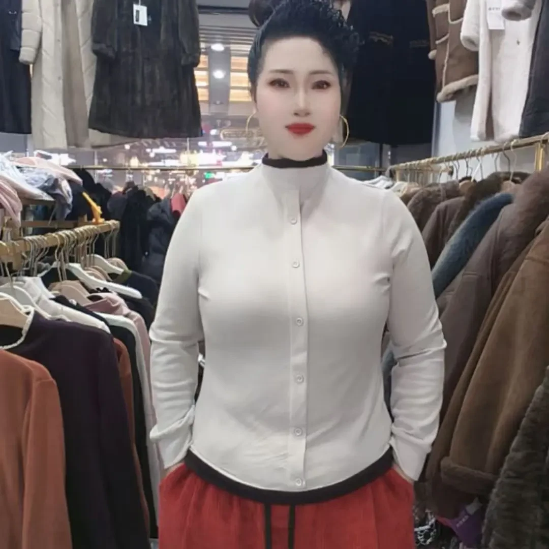 韩系简约立领拼色长袖百搭显瘦打底衫