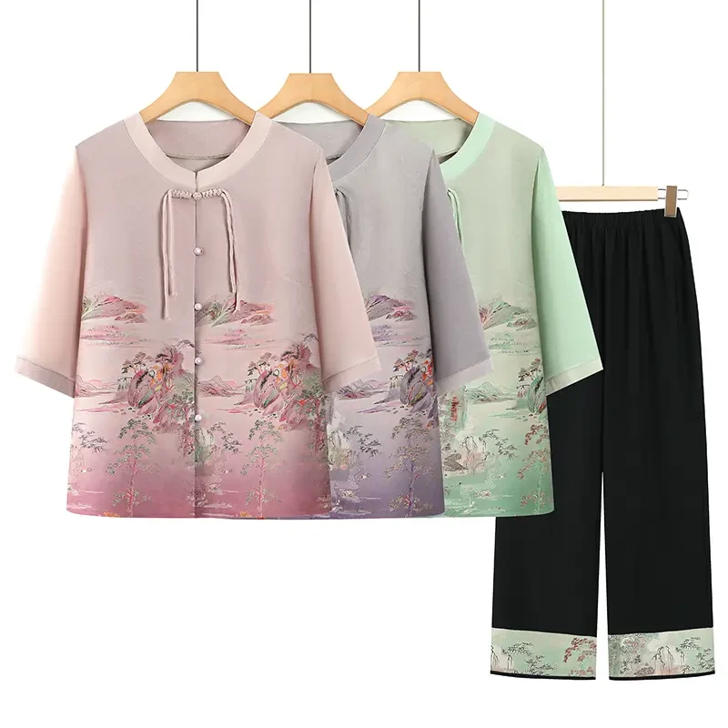 中老年人夏装奶奶衬衫女妈妈国风衬衣两件套装老太太夏季中袖衣服