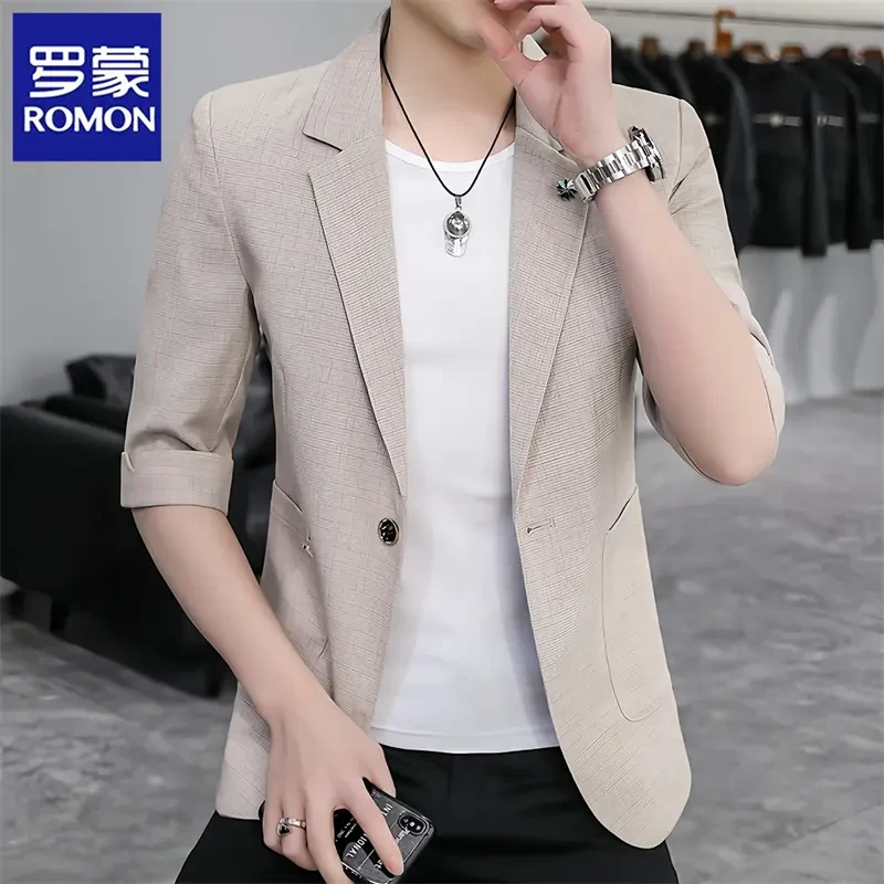 Romon/罗蒙小西装男七分袖夏季新款中袖外套帅气西服休闲薄款