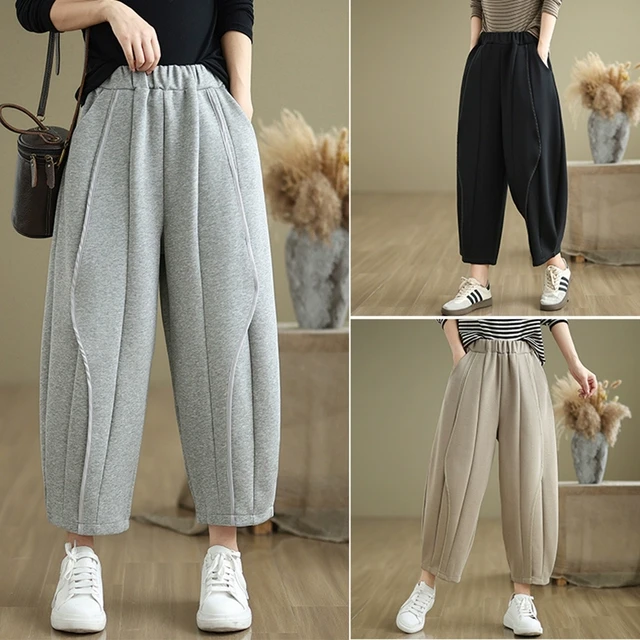 运动宽松阔腿哈伦裤女2025春夏新款妈妈高腰显瘦大码九分秋装卫裤
