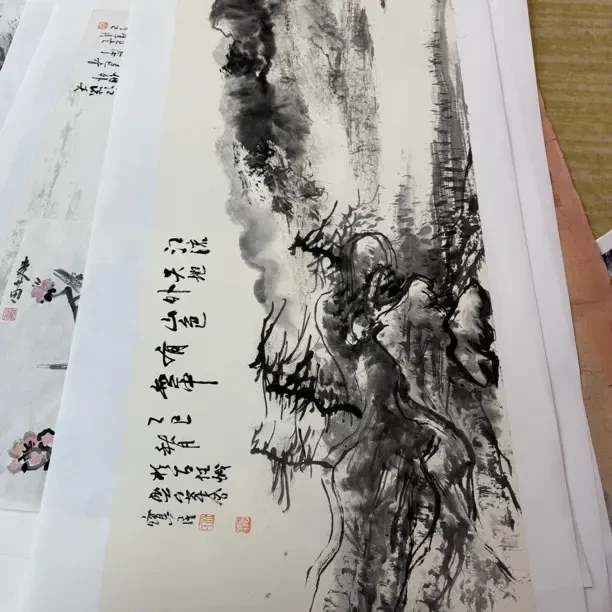 纯手绘国画写意淡雅山水作品宣纸材质适用于客厅装饰