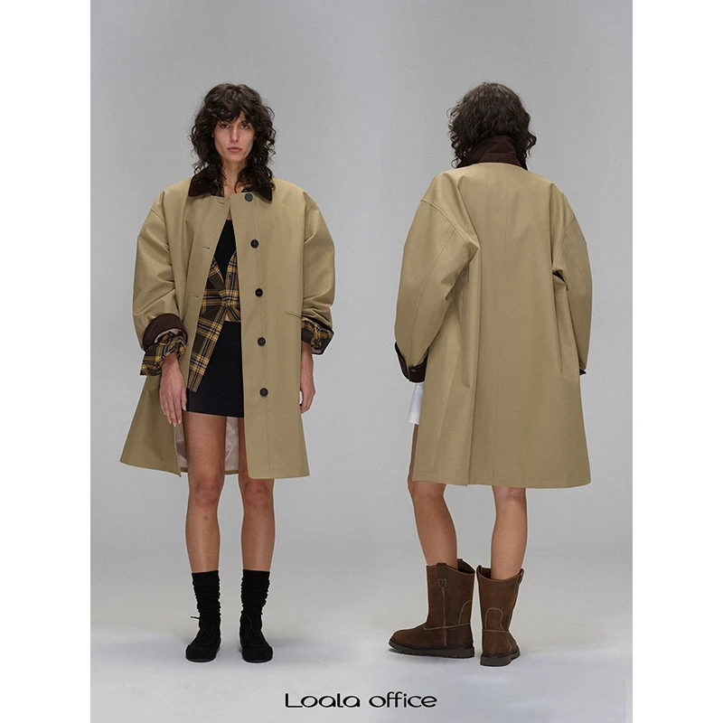 Loala office 复古灯芯绒翻领拼接落肩风衣