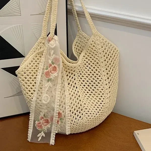 2025慵懒风腋下包女夏大容量棉线镂空编织包海边度假单肩托特包GF