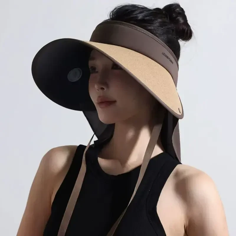 升级加大帽檐带护颈设计可折叠沙滩防晒空顶帽女夏遮脸遮阳帽E446